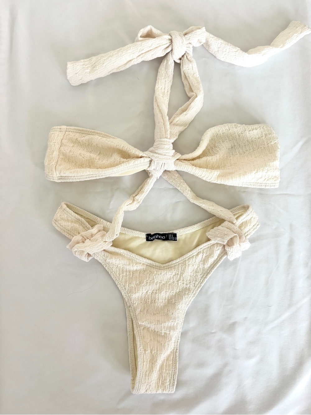 Boohoo Textured Cream Tie-Detail Bikini Set